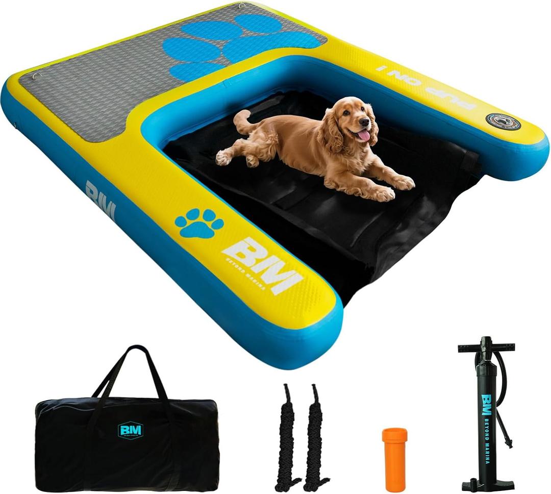 Beyond Marina Dog Pool Ramp - Inflatable Dog Water & Boat Ramp for Lake, Floating Pontoon Dock Ladder with Non-Slip EVA, PUP ON Standard, Extra Large 47" x 39" x 6", Blue/Yellow, Supports 200 lbs