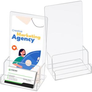2 Pack Brochure Display Stand with Business Card Holder, Freestanding 4.4 x 7.67 inches, Clear Acrylic Rack Card Holders for Desk, Promotional and Marketing Events