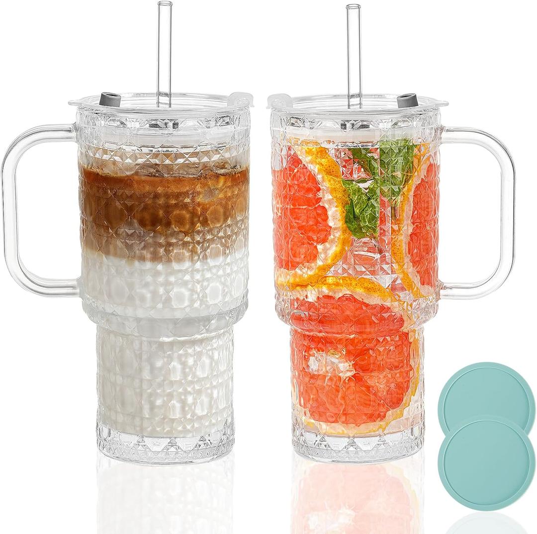 INNGOSAE 17oz Water Glass Tumbler with Handle & Lid Coasters, Reusable Iced Coffee Cups with Straws  Set of 2, Glass Cups for Smoothies, Juice, Coffee, Tea (diamond-shaped patterns-17oz-2pack)