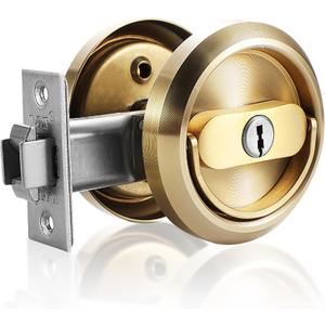 Pocket Door Lock with Key, Round Recessed Pocket Door Latch with Hidden Pull Ring, 2-3/8" Backset (1 Pack Gold)