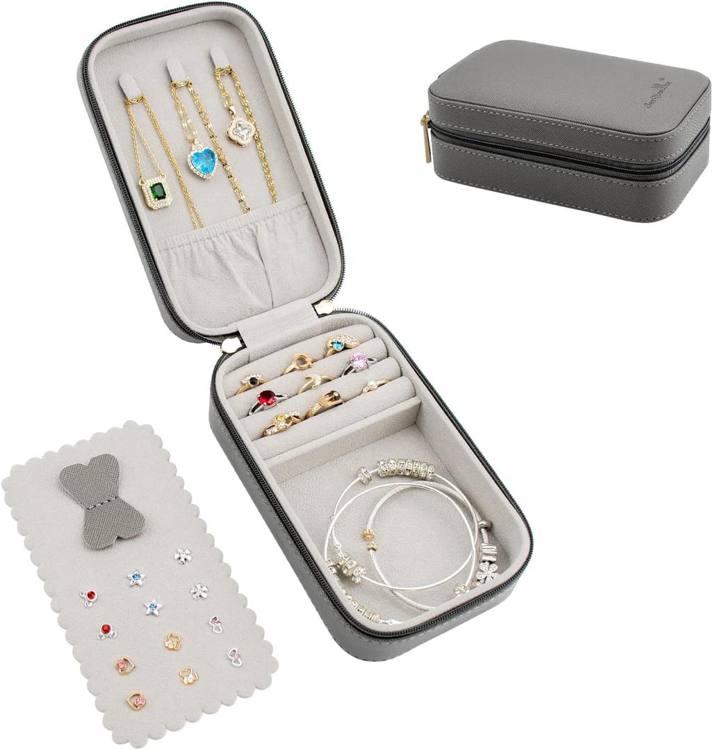BONNY DODO Small Travel Jewelry Organizers Box for women with PU Leather Portable Mini Jewelry Case with compartments for Necklace Rings Earrings,Luxury Giftable boxes. (Gray, M)