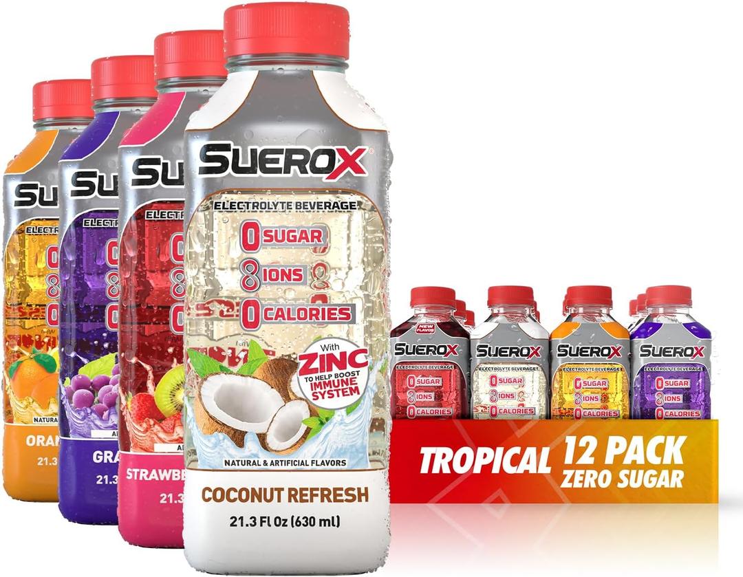 SueroX Sugar-Free Sports Drink for Hydration and Recovery, Electrolyte Hydration Drink with 8 Ions, Zero Calorie Sports Drinks with Electrolytes, Tropical Pack, 21.3 Fl Oz, 12 Count (EXP 06/10/26)