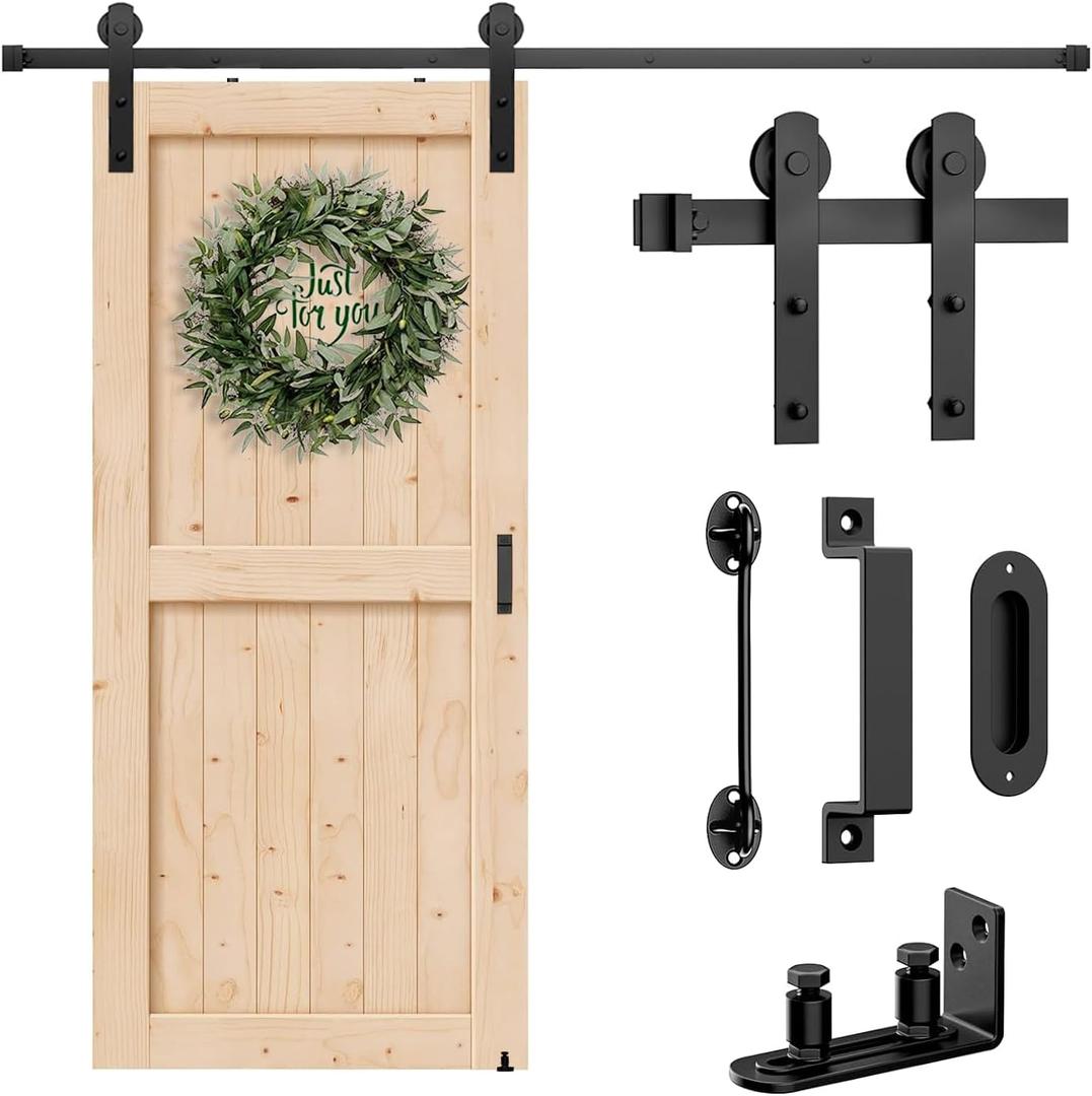 Arti-Life 5ft Sliding Barn Door Hardware Kit Heavy Duty with Adjustable Floor Guide,Door Hook and 2 Handles-Smoothly and Quietly, Easy Installation- Fit 1 3/8-1 3/4" Thickness-Black(I Shape Hanger)