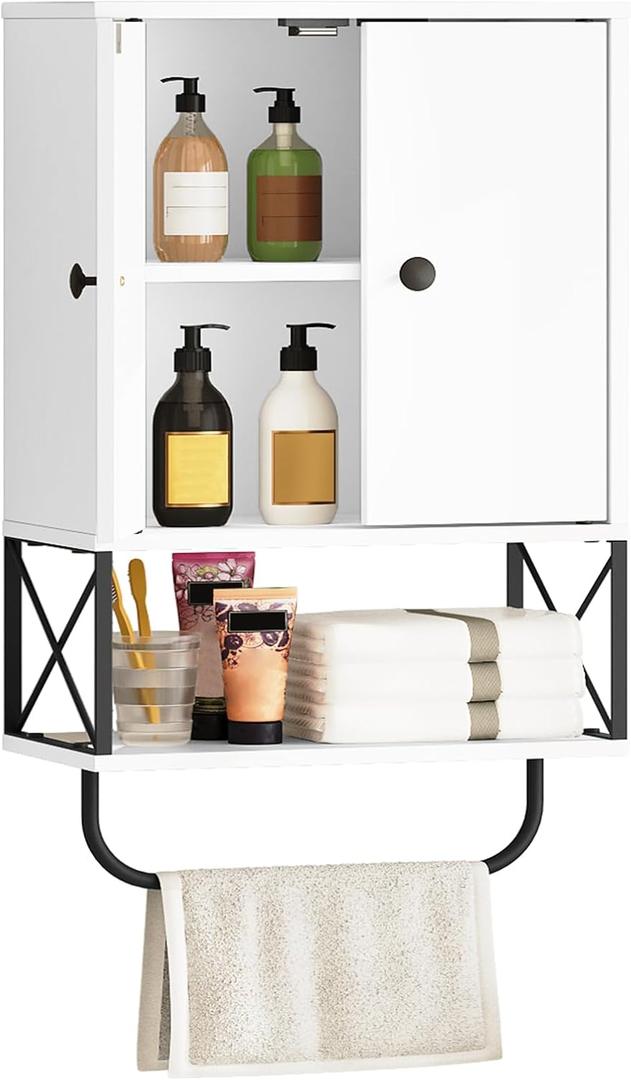Bathroom Wall Cabinet with 2 Door and Adjustable Shelves, Farmhouse Medicine Cabinet with Towel Rack, 3-Tier Wall Mounted Storage Cabinet Over The Toilet for Bathroom Laundry Room, White (15"L x 7.9"W x 26.1"H)
