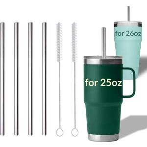 4PCS Metal Straw for YETI Cup, Reusable Stainless Steel Replacement Straws, with 2PCS Cleaning Brushes, Compatible with YETI Rambler 25oz, 26oz, 35oz, 42oz Tumbler with Handle and Straw Lid (25OZ)