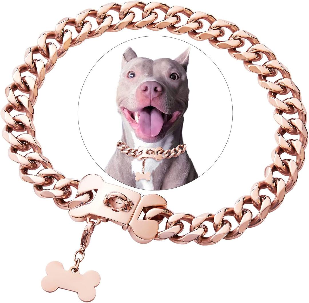 Rose Gold Stainless Steel Cuban Link Heavy Duty Dog Collar for Medium Large Dogs, American Bully French Bulldog Luxury Dog Collar (16 Inch (Pack of 1))