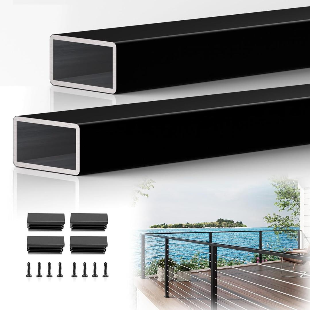 2 Pack 8FTx 2"x1" Aluminum Black Handrail with Self Drilling Screws Nylon End Caps, 5 Year Outdoor No Fading, 2.8mm Thick Flat Handrail Cuttable Top Rail for Deck Stair Railing Indoor Outdoor