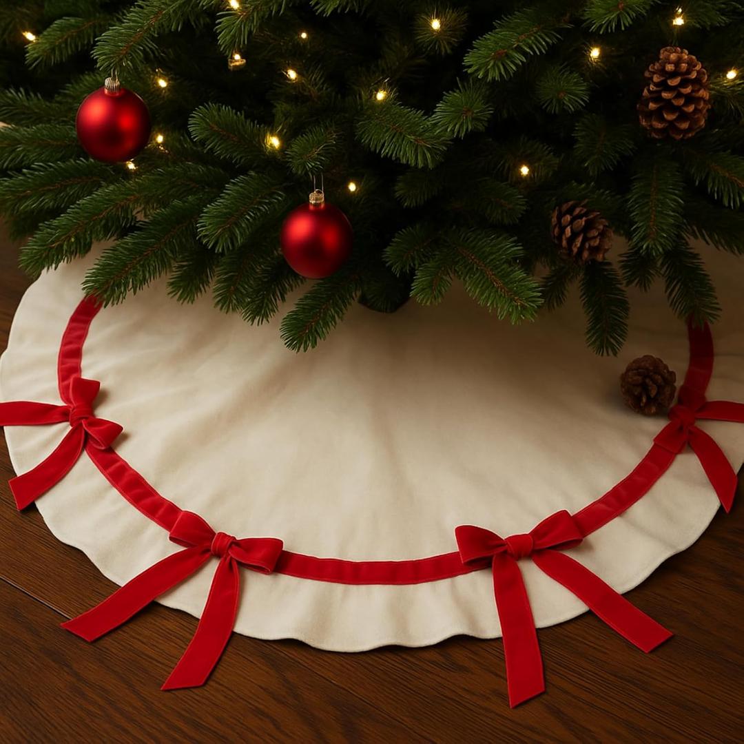 Syhood Christmas Tree Skirt 30" Scallop Velvet Tree Skirt with Bow Small Christmas Decoration for Xmas Holiday Indoor Outdoor Seasonal Home Decors(Red Bow)