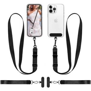 Phone Lanyard Set, 2 Crossbody Straps + 2 Wrist Straps + 4 Clips, Cell Phone Accessories for iPhone, Adjustable Chain, Durable Lanyard for Around The Neck & Hands-Free Use, Black