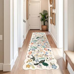 3x10 Washable Hallway Runner Rug: Long Floral Scalloped Soft Runners for Kitchen Entryway Non Slip Bathroom Nursery Floor Mat 10ft Water Resistant Low Pile Carpet for Living Room Bedroom(3x10,Cream)
