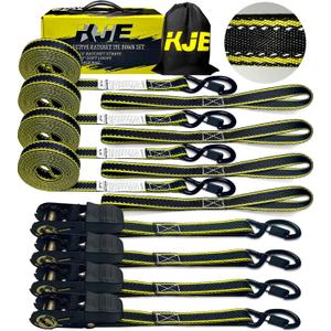 KJE Reflective Ratchet Straps, (4) 1" x 15' Tie Down Strap Sets + (4) Soft Loops, TPR Handles & Coated S Hook W/Safety Clip, 2100lb Break Strength, Cargo Strap for Motorcycle, ATV