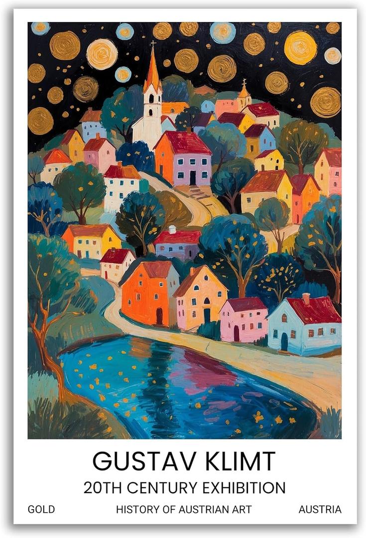 Vjfkskuey Fantasy Style Night Village Print Magic Sky And Moon Canvas Art Print Vintage River Village Poster Suitable For Living Room Bedroom Apartment Leisure Space (12X16In Frameless, A20)
