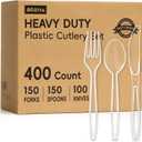 400 Count Heavy Duty Plastic Silverware, BPA-Free, Clear Plastic Cutlery Set, Premium Disposable Utensils for Party Everyday Use, 150 Forks, 150 Spoons and 100 Knives