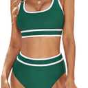 Blooming Jelly Women's Bikini Sets High Waisted Two Piece Swimsuits Sporty Color Block Cheeky High Cut Bathing Suits (Large, Green)
