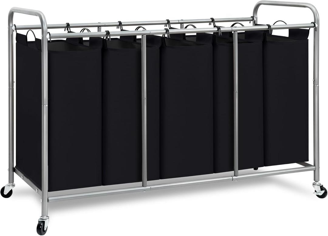 STORAGE MANIAC 5 Section Laundry Sorter, 5 Bins Rolling Separator Laundry Basket, Dirty Clothes Hamper Divider with Heavy Duty Rolling Lockable Wheels, Large Clothes Organizer Cart, Black