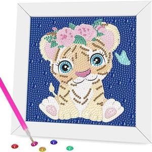 Pack of 3 Miairivy Diamond Painting for Kids, 5D Animal Diamond Art Mini Small Kit(with Wooden Frame), DIY Cute Tiger Big Gem Painting Set, Paint by Diamonds Crafts for Girls Boys Ages 4-12