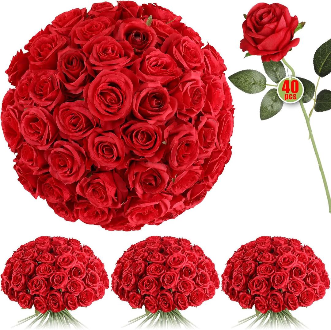 Luyue 40PCS Red Roses Artificial Flowers - Long Stem Fake Roses Bouquet Silk Red Flowers Artificial Rose for Wedding Centerpiece Home Decor & Valentines Floral Arrangement