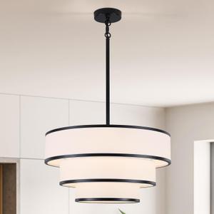 LWYTJO 19.8'' Drum Chandelier for Dining Room Light Fixtures 5-Light White Fabric Chandelier Modern 3-Tier Black Metal Pendant Light Fixture for Kitchen Island Living Room Bedroom Entryway Staircase