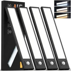 4Pack Under Cabinet Lighting Rechargeable -10" Ultra-Thin Black 3 Color Temps Super Bright, Motion Sensor, Long Lasting - Easy Installation Magnetic Under Closet Lights