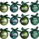 WDS WONDROUS 12-Piece St Patricks Day Ornaments Set, 4 Designs Green Glitter Glass Ball Decorations with Ribbon Bow for Christmas Tree Home Party Spring Decor, Irish Lucky Holiday (Green and White)