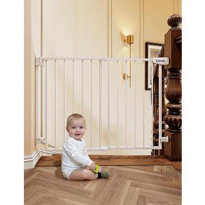 Babelio 29.7-46.5" No Bottom Bar Baby/Dog Gate for Stairs, House and Doorways, Auto Close Safety Pet Gates with Large Walk Thru Door, Hardware Mount, White