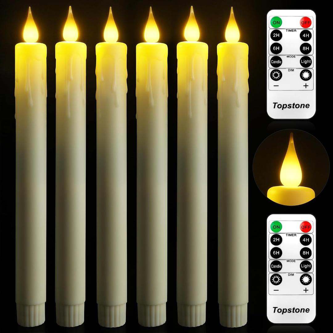 Topstone LED Taper Candles with Remote Control,Warm Yellow Flameless Battery Operated Candles,9.5 Inch Dripless LED Candles for Wedding,Christmas,Home Decor,Set of 6