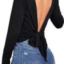 LilyCoco Womens Backless Long Sleeve Top Boat Neck Sexy Tie Back Shirt Solid Tee (Large, Black)