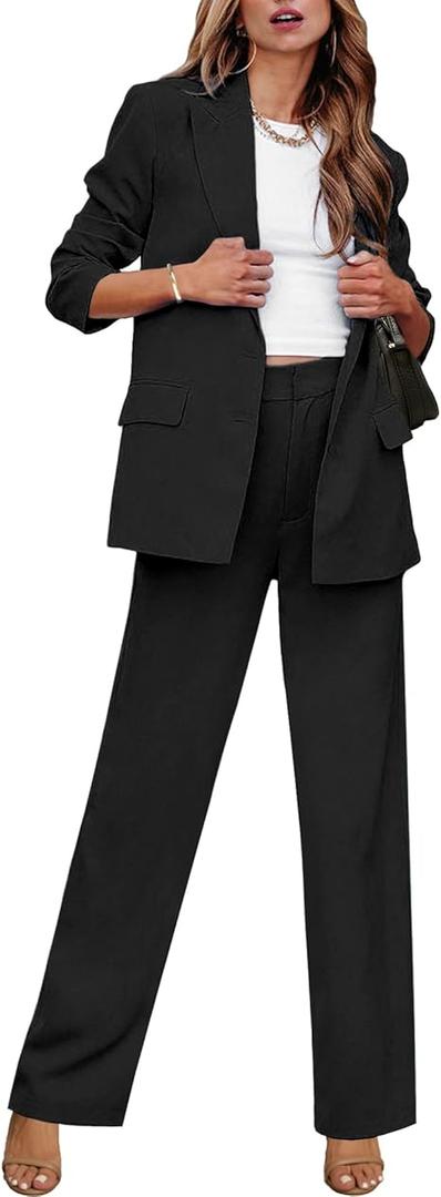 Women 2 Piece Outfits Dressy Blazer Jackets High Waisted Wide Leg Pants Suits Set Casual Business Work Wear, Black, Medium