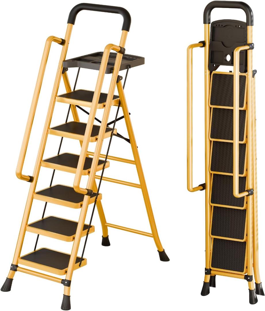6 Step Ladder with Tool Platform,Folding Step Stool with Handrails,Sturdy& Portable Steel Ladder with Wide Pedal,Portable Safety Ladder for Adults Painting Home Outdoor Garage (Yellow Color)