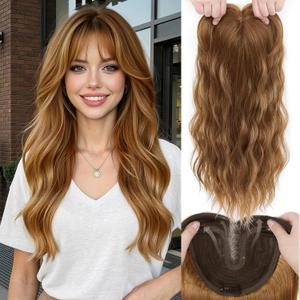 Hair Toppers for Women, 20 Inch Hand Tied Breathable Toppers Hair pieces for Women with Thinning Crown Wispy Bangs Mix Human Hair Clip in Curly Lightweight Wiglets (Honey Brown, Wispy Bangs)