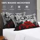 WeCozy Queen Size Comforter Set with 2 Pillowcases, Red Rose Flower 3 Pcs Bedding for Kids and Adults, Summer Vintage Woodboard Soft Comforter Set for Bedroom Bed Decor (Multi 4)