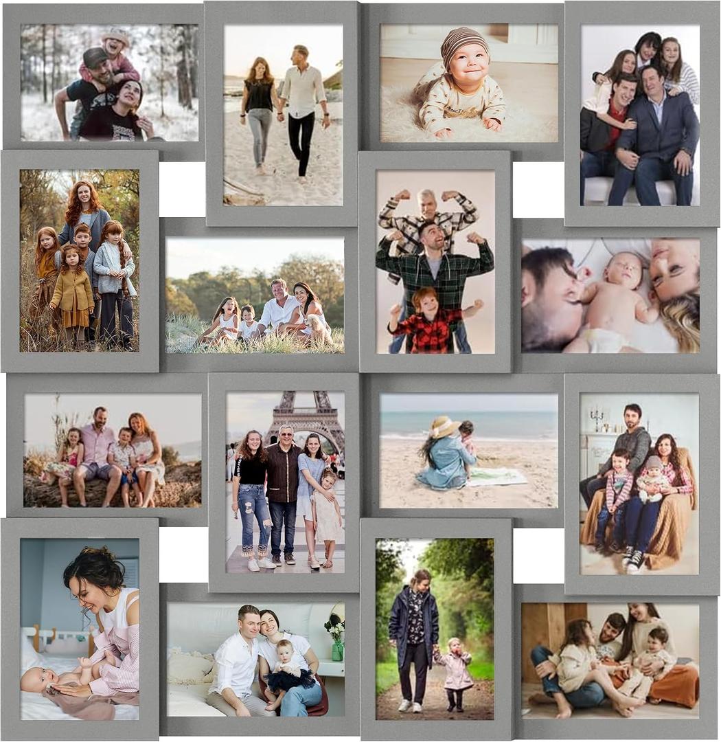 J.M.Deco Collage Picture Frames for Wall 16 Opening, Large Photo Frame Collage Wall Hanging for 4x6 Photo, Reunion Friends Family Memory, Christmas Gift - Grey