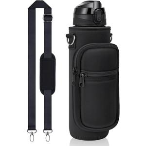 Fimibuke 32 oz Water Bottle with Sleeve - BPA Free Leakproof Sport Large 1L Plastic Motivational Water Bottle with Straw Strap & Insulated Neoprene Holder Carrier Bag Great Xmas Gift for Women Men (A1.Black)