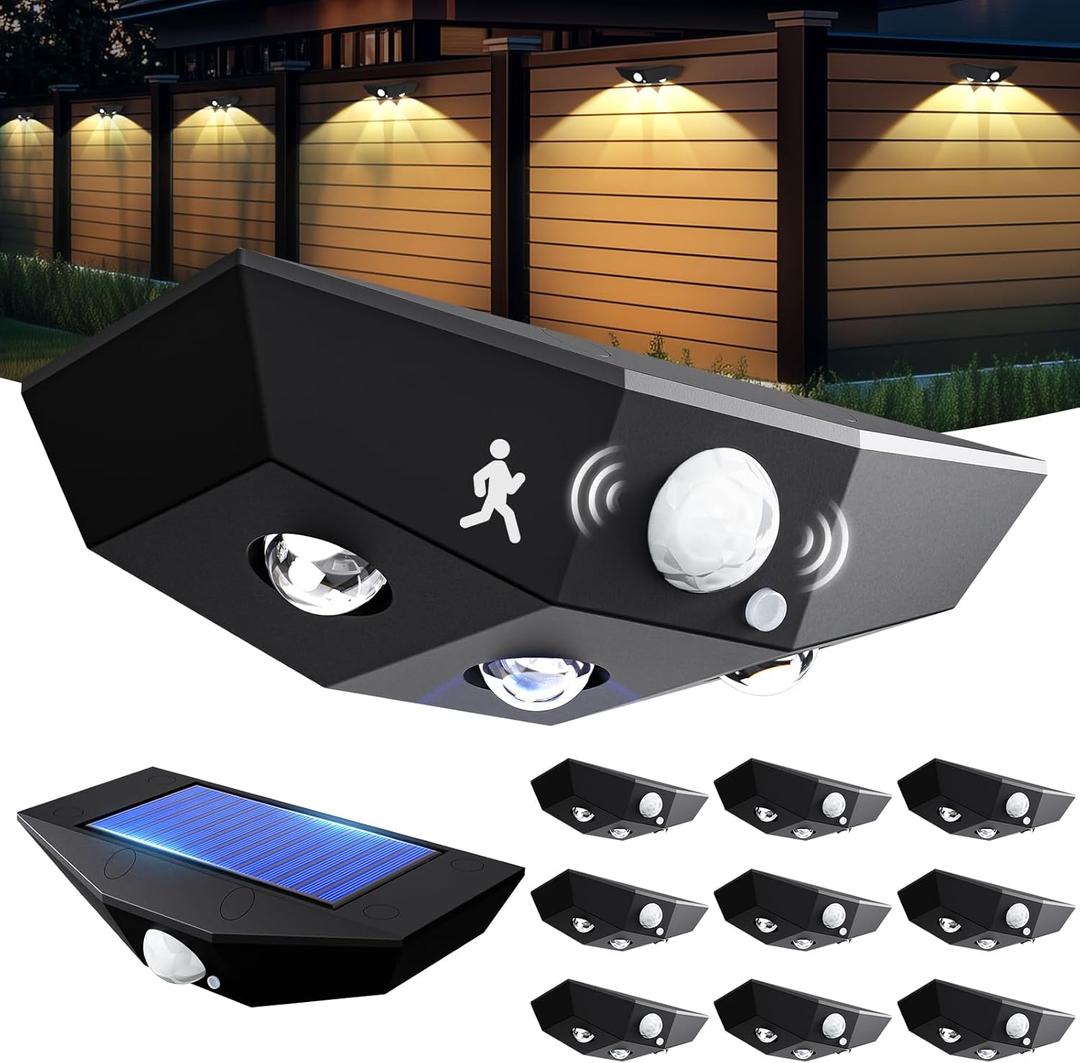 12 Pack Solar Fence Lights, Motion Sensor Outdoor Light with 3 Sided Lighting, 60 Lumens Fence Light Solar Powered, Solar Lights Outdoor Waterproof with 3000K/7000K Mode for Patio, Backyard, Fence (Black)