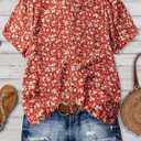 SOLY HUX Women's Plus Size Floral Tops Notched V Neck Puff Short Sleeve Boho Summer Blouse (Red, XL)