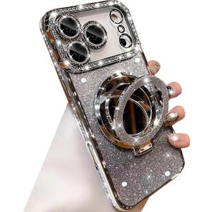 Magnetic Kickstand Glitter Case for iPhone 17 Pro,[Compatible with Magsafe] Cute Bling Sparkly Rhinestones with Camera Protector &Makeup Mirror Women Girls Case for iPhone 17 Pro 6.3", Silver