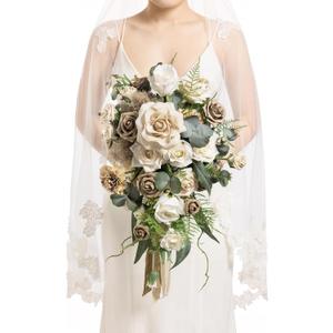 Ling's moment Intimate Brown Bridal Bouquet Cascading, Beige Wedding Bouquets for Bride, 13 Inch Bride Bouquets for Wedding Artificial Flowers Bouquets