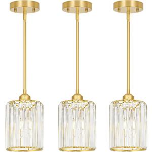 Gold Kitchen Pendant Lights Over Island with Adjustable Rods - Crystal Pendant Lighting Fixtures 3 Pack, Ideal Over Dining Table or Bar, E26 Bulb Compatible, No Electrician Needed (6in - 1 light(3 pcs))