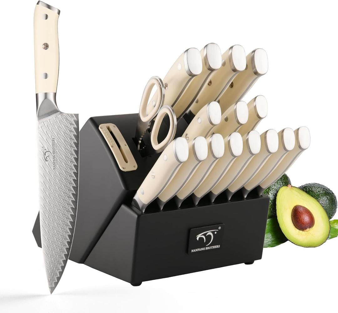 NANFANG BROTHERS Knife Sets Pieces for Kitchen with Block, Damascus Kitchen Knife Set with Block, ABS Ergonomic Handle for Chef Knife Set and Kitchen Shear(Black)