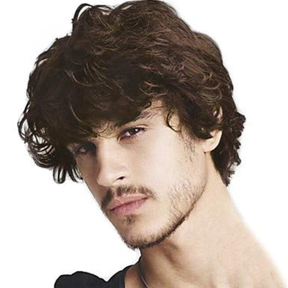 Kaneles Short Brown Curly Wigs for Men with Bang Male Costume Halloween Cosplay Party Natural Hair Full Wigs(Brown)