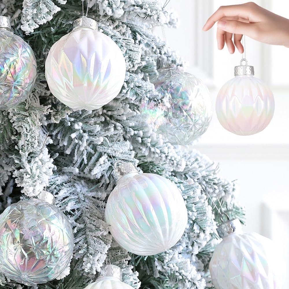 Christmas Iridescent White Ornament Balls Set 12 Pcs 3.15" Clear Plastic Shatterproof Christmas Ball Hanging Ornaments for Xmas Tree Decorations Indoor Home Thanksgiving Wedding Party Holiday Decor