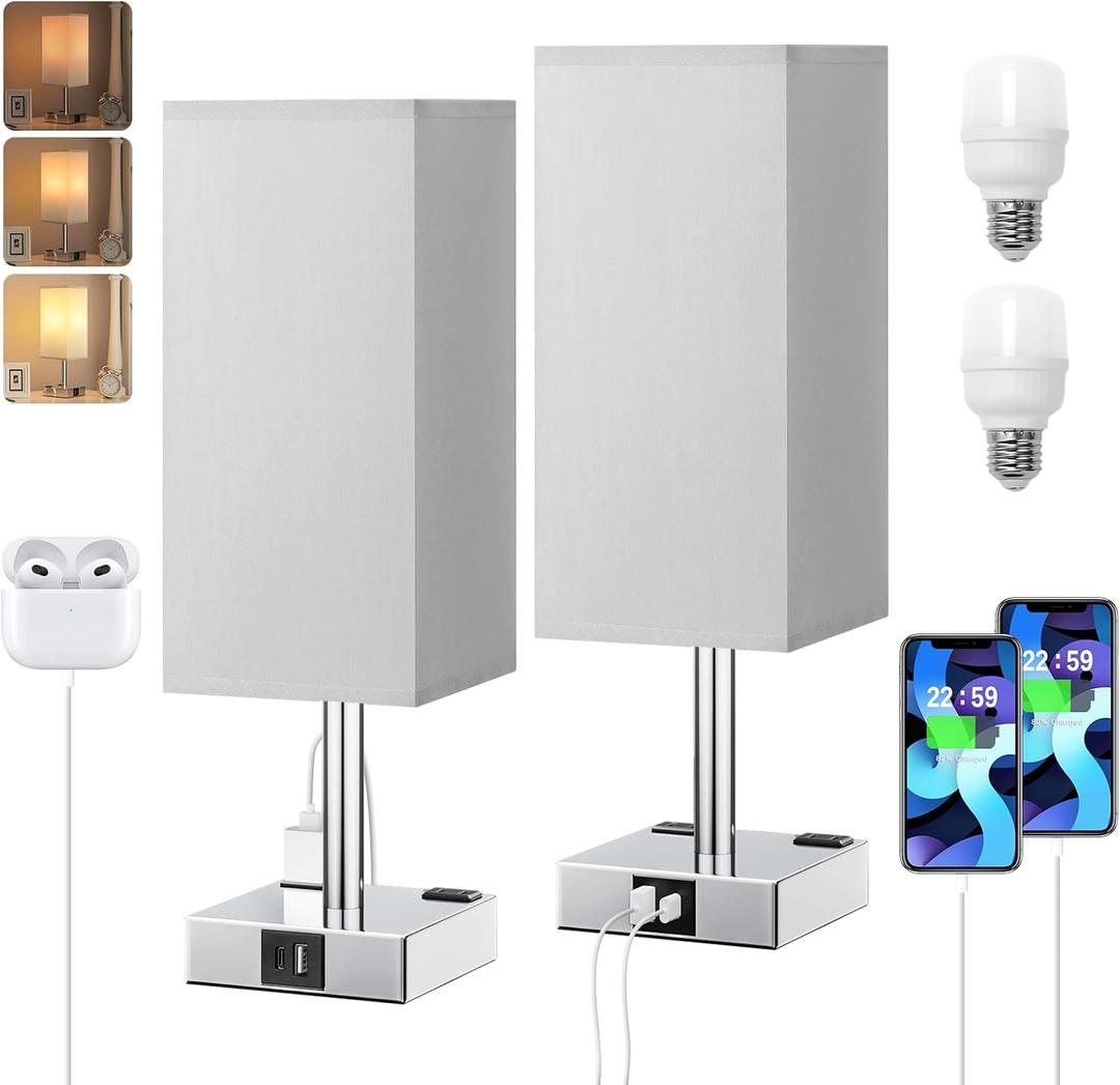 Touch Bedside Table Lamp Set of 2-3-Way Dimmable Night Lamp with USB A + Type C Charging Ports and Two AC Outlets, Small Desk Light with E26 LED Bulb for Bedroom Living Room Dorm Office (14.0in)