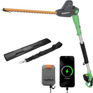 WORKPROX 20V Cordless Pole Hedge Trimmer, 9.2-Feet Reach, 11 Rotating Head, Electric Hedge Trimmer with Extension Pole, Great for Shrubs, Bushes, 2.0Ah Battery & Charging Cable Included