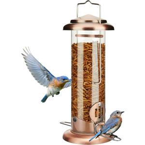 Kingsyard Upgraded Bluebird Feeder for Outdoors Hanging, Metal Mealworm Tube Bird Feeder with Widen Perch for Wild Birds, Squirrel Chew Proof, Easy to Refill & Clean(Copper)