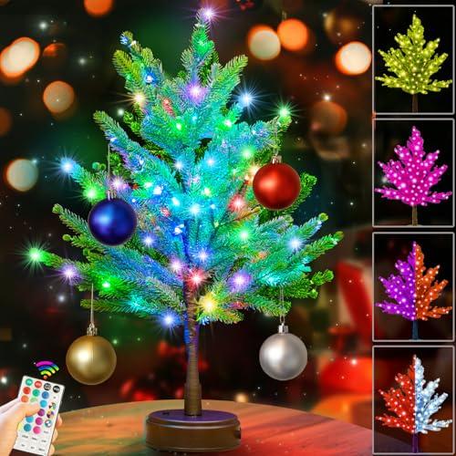 Pooqla RGB Lighted Mini Christmas Tree, Color Changing Tabletop LED Xmas Tree with Remote, 28 Colors 80 LED Pre-lit Artificial Small Tree with Hanging Ball Ornaments Home Party Christmas Decoration