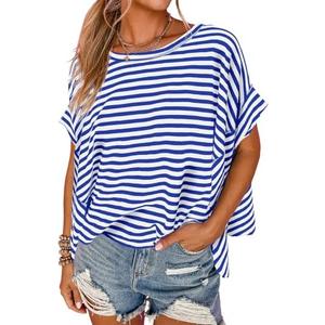 Tankaneo Womens Oversized Striped Tshirts Irregular Hem Batwing Short Sleeve Tops Summer Casual Round Neck Tee Shirts, XL
