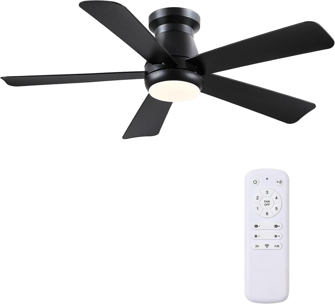 Hounberi 46 Inch Low Profile Ceiling Fan with Light, Modern Flush Mount Ceiling Fans for Low Ceilings, Quiet DC Motor Bedroom Fan, 3CCT Dimmable, Reversible Blades, High Airflow, Energy Saving, Black