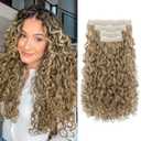 REECHO Curly Hair Extensions - 4PCS 18" GoGo Curly Clip in Hair Extensions 100% Super Protein Hairpieces with Invisible Lace Weft Silky Soft Natural Look for Women - Honey Blonde with Highlights