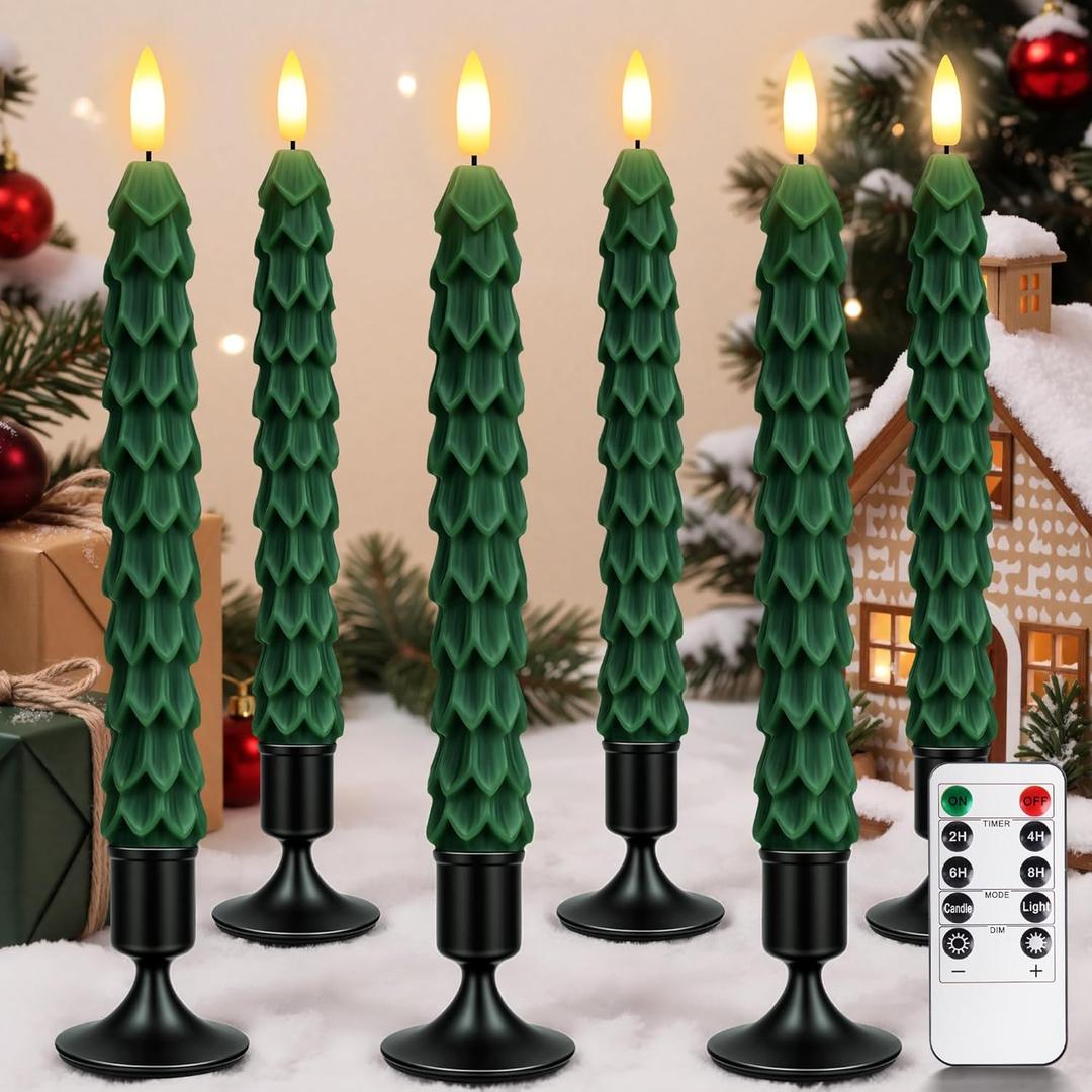 YAUNGEL 6 Pcs Christmas Tree Candles with Metal Candle Holder, Real Wax Christmas Tree Candles with Remote Timer, Flameless Tree Candlesticks Battery Operated Flickering Flame for New Year Xmas Decor