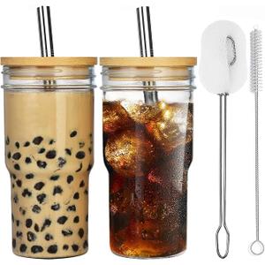 ALINK 2-Pack Glass Cups with Bamboo Lids and Straws, 22oz Mason Jar Glass Tumbler, Reusable Boba Cups, Iced Coffee Drinking Glasses for Bubble Tea, Smoothies, Juice - 2 Cleaning Brush